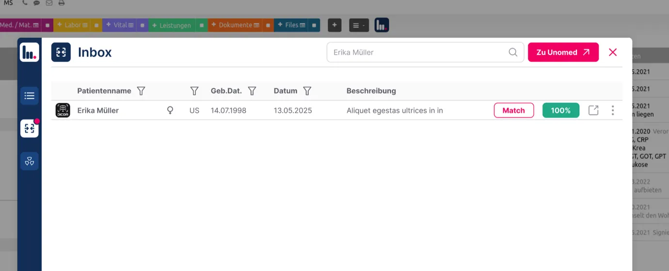 Die PACS-Inbox über der geöffneten Krankengeschichte: eine eingegangene Studie mit Patientenname, Geburtsdatum und Befundtext, daneben der Knopf zum Zuordnen.