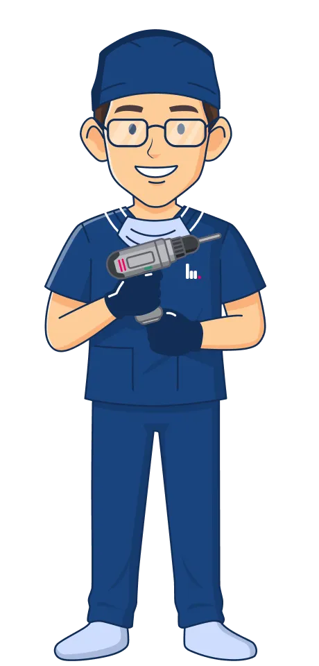 Illustration: ein Orthopäde in blauer Bereichskleidung mit einer Knochenbohrmaschine.